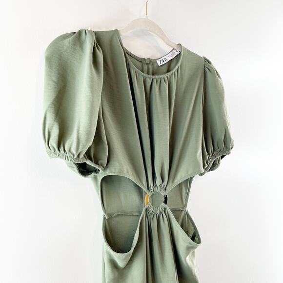 Zara Short Puff Sleeve Round Neck Cut Out A-Line Midi Dress Green Small - Picture 6 of 10
